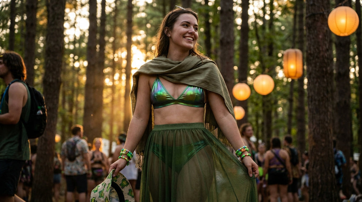 A woman in an iridescent green crystal bra set and moss mesh skirt at a twilight forest festival, styled as a frogcore rave outfit