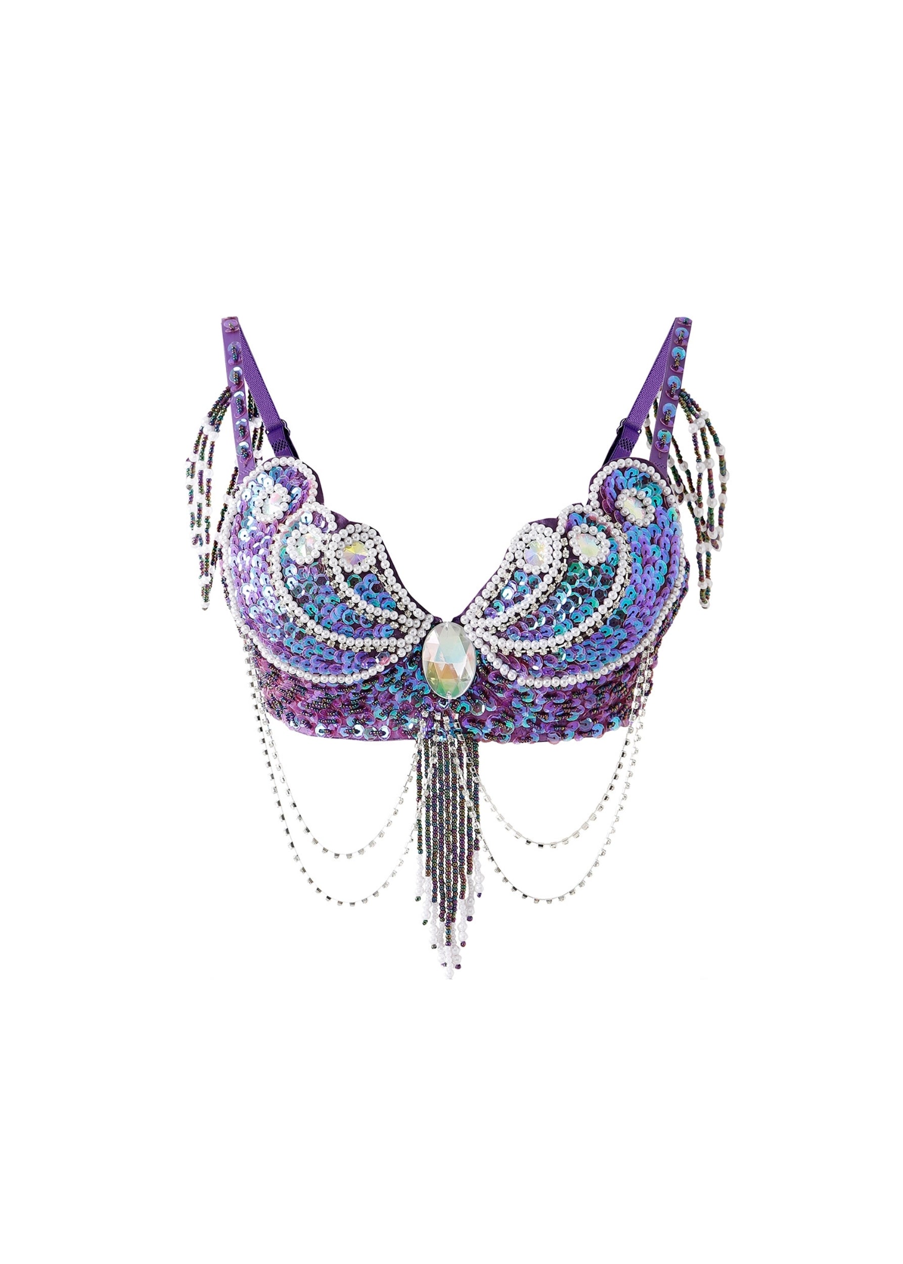 The Nebula - Top is a handmade purple bra featuring sequins, beads, large rhinestones, beaded fringe, and chain details—perfect as unique rave wear or a standout festival outfit.