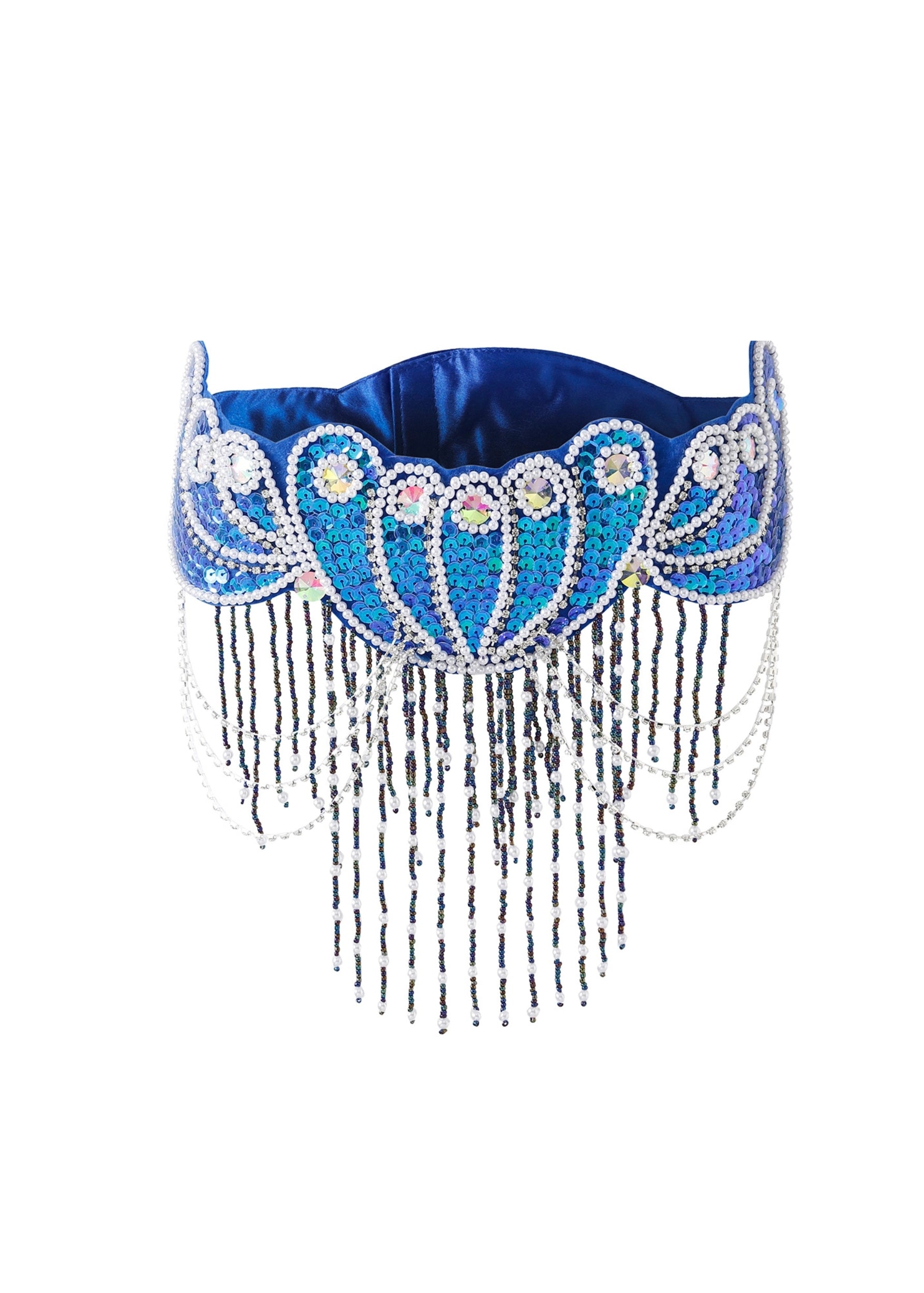 The Nyx - Bottom features blue beads, white and blue sequins, pearl accents, and beaded fringes in decorative patterns—an exquisitely handmade belt or sash perfect for rave or festival wear.