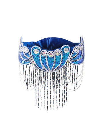 The Nyx - Bottom features blue beads, white and blue sequins, pearl accents, and beaded fringes in decorative patterns—an exquisitely handmade belt or sash perfect for rave or festival wear.