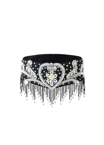 Velora- Black- Bottom: A black choker adorned with rhinestones, featuring a central heart-shaped crystal and a dramatic dangling beaded fringe.