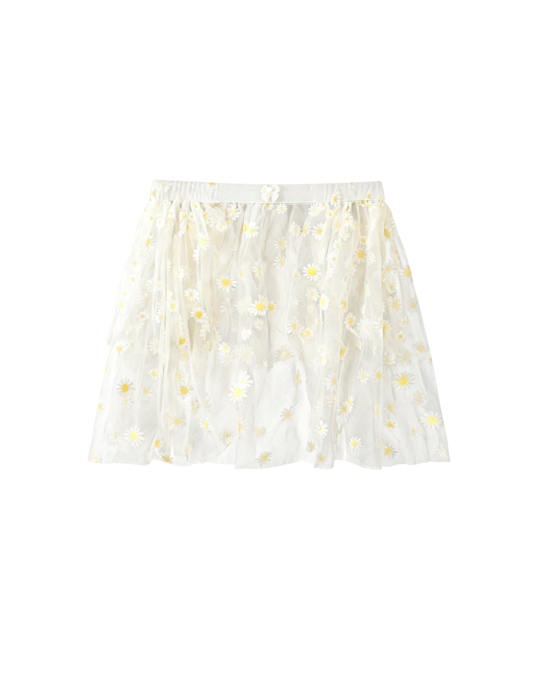 The Soleá White/Yellow Skirt is a white mesh skirt with an elastic waistband, adorned with hand-sewn embroidered yellow and white daisies throughout.