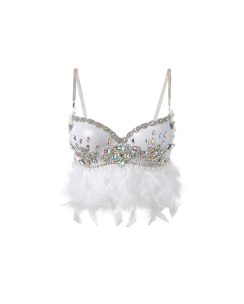 The Elowen - White - Top features silver straps, rhinestone embellishments, and feather trim along the bottom edge, making it a perfect bejeweled bra top for festival wear. Photographed on a white background.
