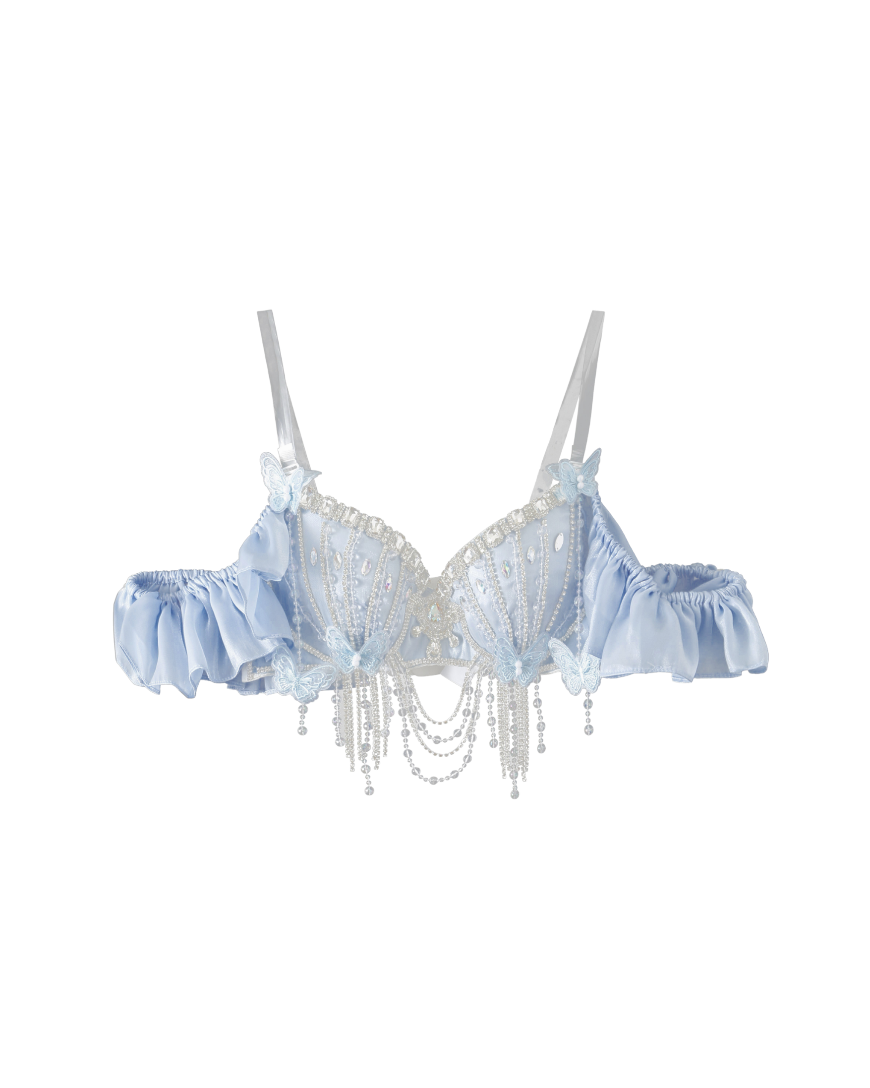 The Pearl Wing - Blue - Top features light blue pearl detailing, ruffled off-shoulder sleeves, lace accents, butterfly motifs, and pearl bead chains—ideal for festival outfits.