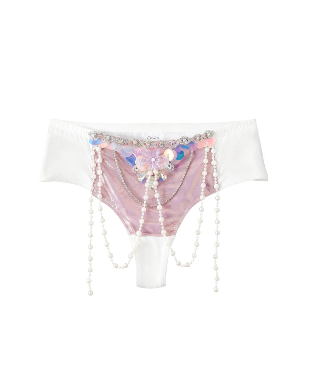 Ondine - Purple - Bottom features white panties with a sheer lavender front panel, embellished with pearls, chains, and sequins—ideal as handmade rave wear or a standout siren costume for any festival.