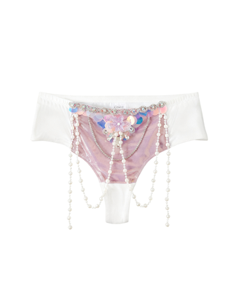 Ondine - Purple - Bottom features white panties with a sheer lavender front panel, embellished with pearls, chains, and sequins—ideal as handmade rave wear or a standout siren costume for any festival.