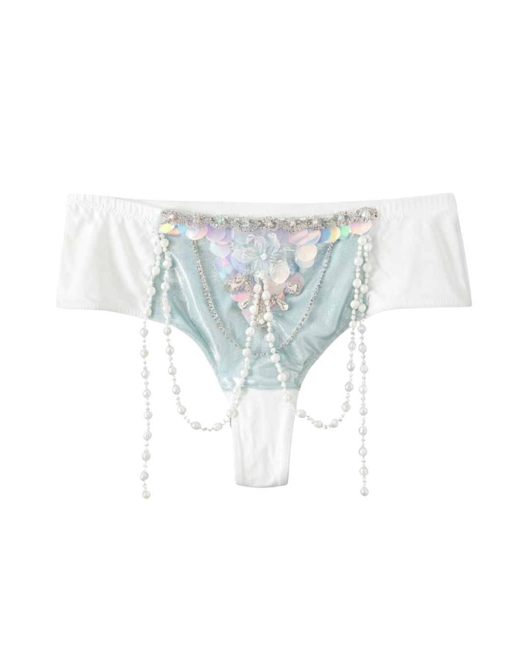 The Ondine - Green - Bottom is a decorative lingerie piece with iridescent sequins, floral appliqué, and hanging pearl strands—ideal for rave festivals or as an eye-catching siren costume.