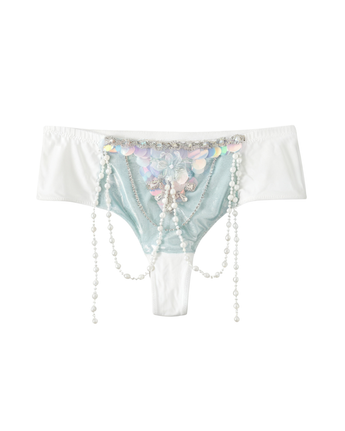 The Ondine - Green - Bottom is a decorative lingerie piece with iridescent sequins, floral appliqué, and hanging pearl strands—ideal for rave festivals or as an eye-catching siren costume.