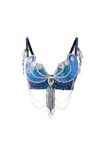 Nyx - Top: Blue and silver rhinestone bra top with sequined beaded fringe and decorative chains, ideal for festival or rave wear, shown against a white background.