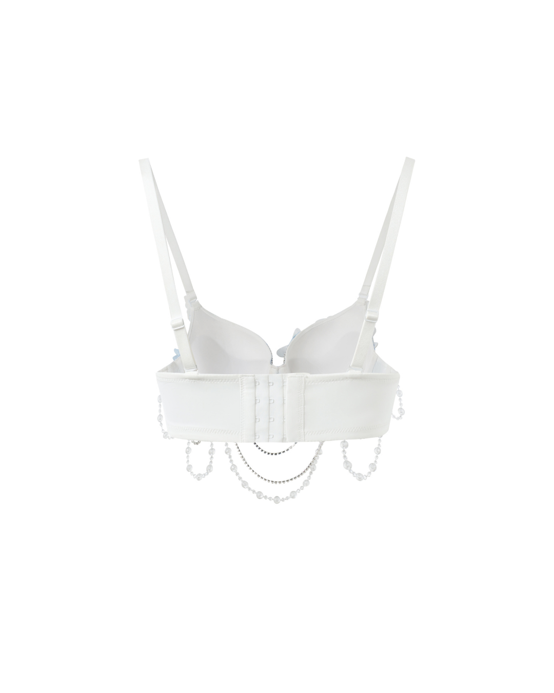 Icemuse - Blue - Top viewed from the back, featuring adjustable straps, hook-and-eye closures, and decorative pearl-like chains hanging from the band.
