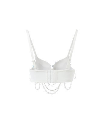 Icemuse - Blue - Top viewed from the back, featuring adjustable straps, hook-and-eye closures, and decorative pearl-like chains hanging from the band.