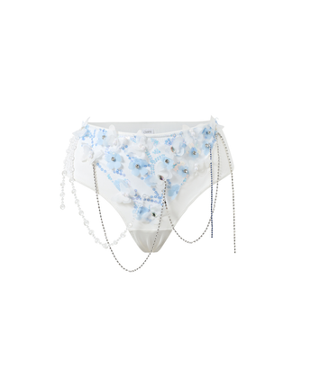Icemuse - Blue - Bottom: White panties featuring blue floral embroidery, 3D flowers, pearls, and silver chains draped across the front.