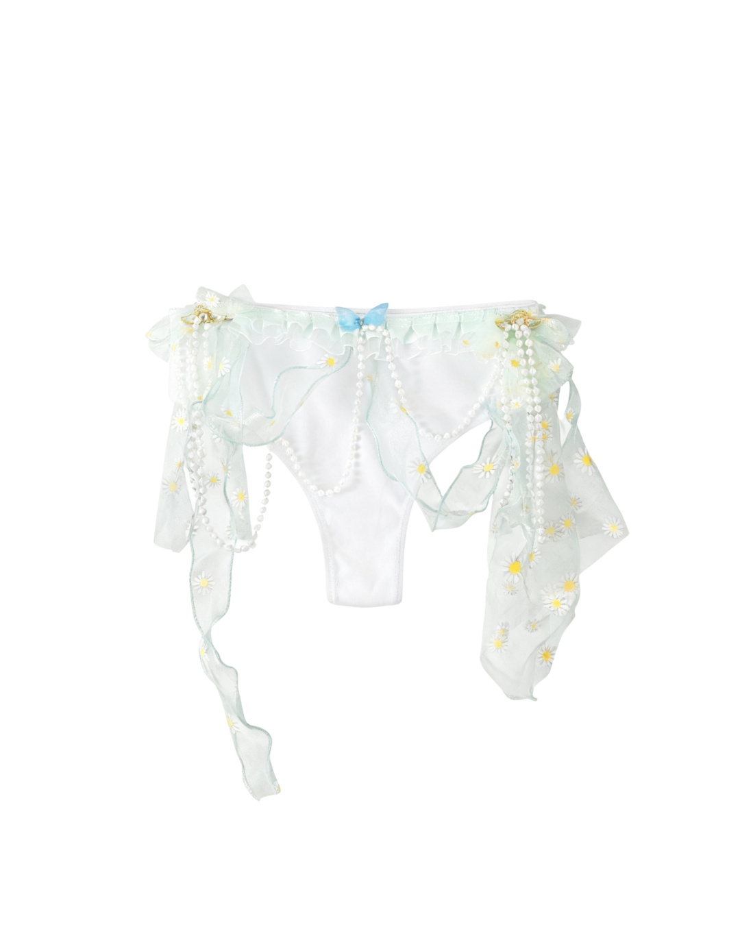 Soleá - White/Green - Bottom: white thong featuring sheer mesh fabric, flower embroidery, pearl strands, and blue ribbon accents, shown on a white background.