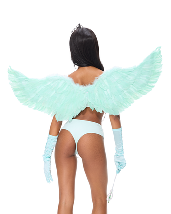 Person stands with their back to the camera, wearing Angel Wings- Aqua, matching gloves and underwear, holding a wand, and topped with a tiara—a whimsical Halloween look.