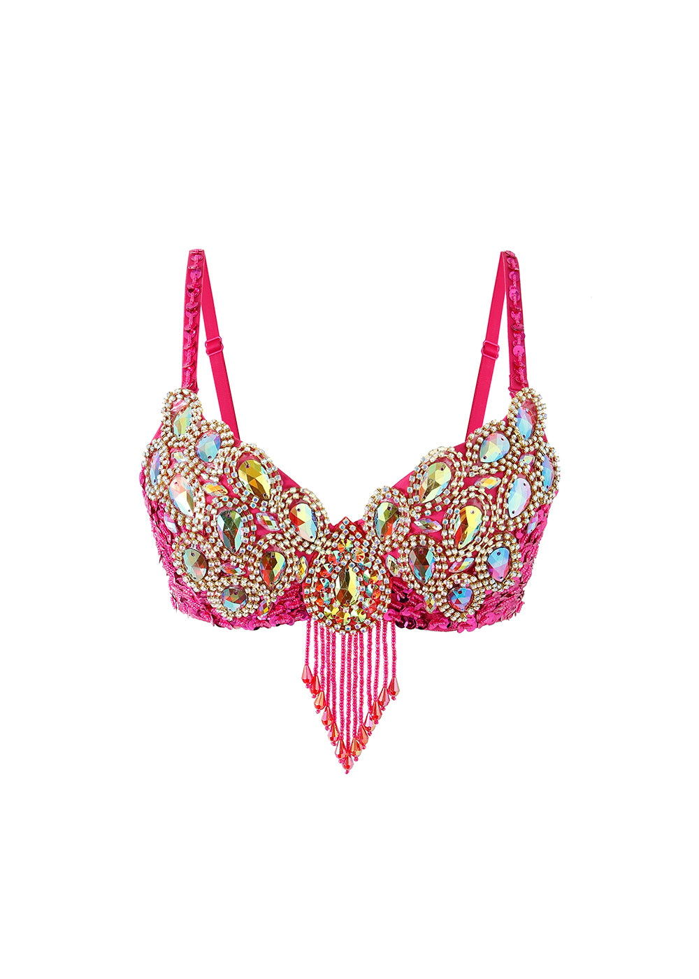 The "Vixen - Rosé - Bottom" features pink rhinestones, large gold and iridescent gemstones, and red beaded fringe—perfect as an eye-catching addition to your festival outfit.