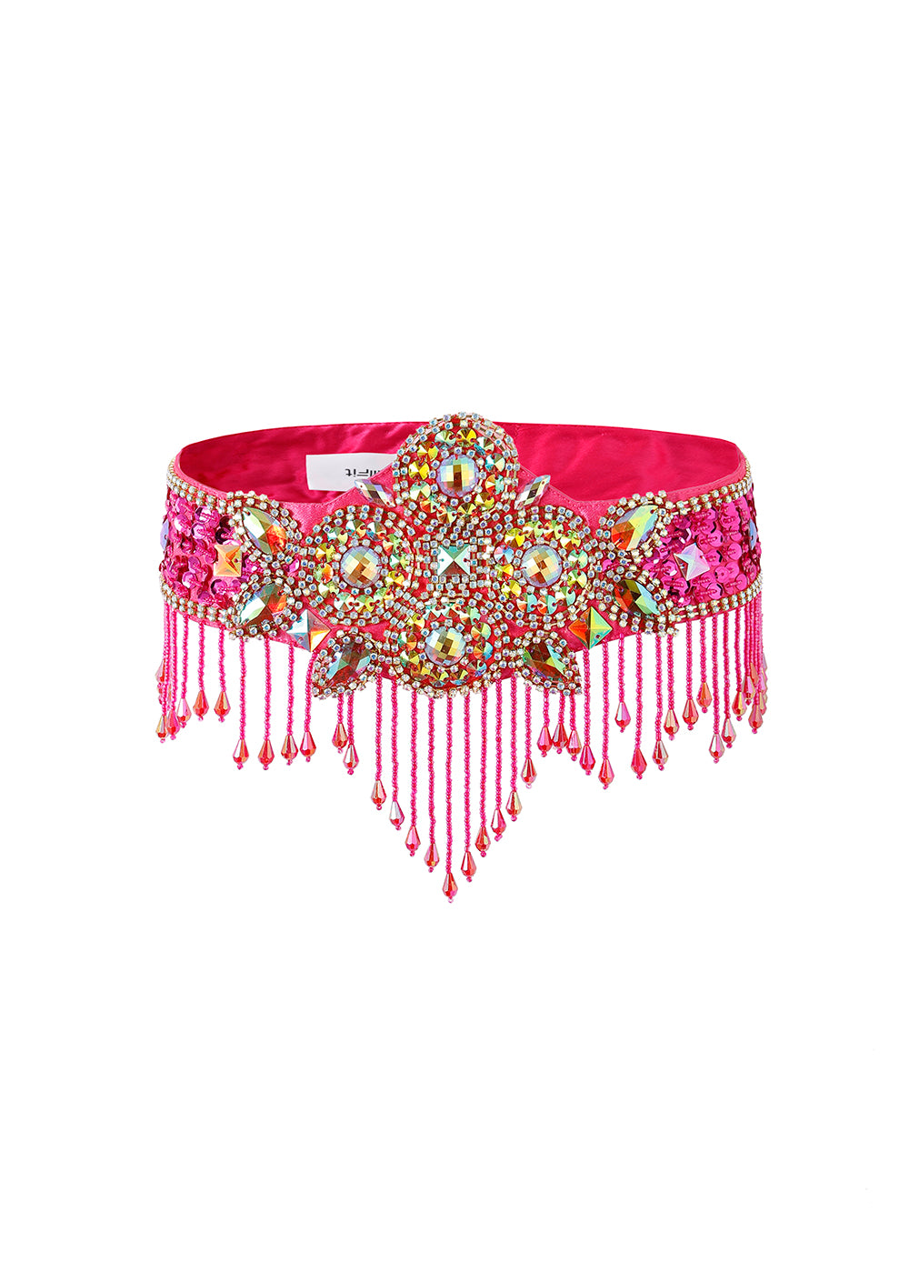 The Vixen - Rosé - Bottom is a bold, bright pink belt adorned with large colorful rhinestones, detailed beading, and beaded fringe—perfect for pairing with a rhinestone bra top for standout festival or rave outfits.