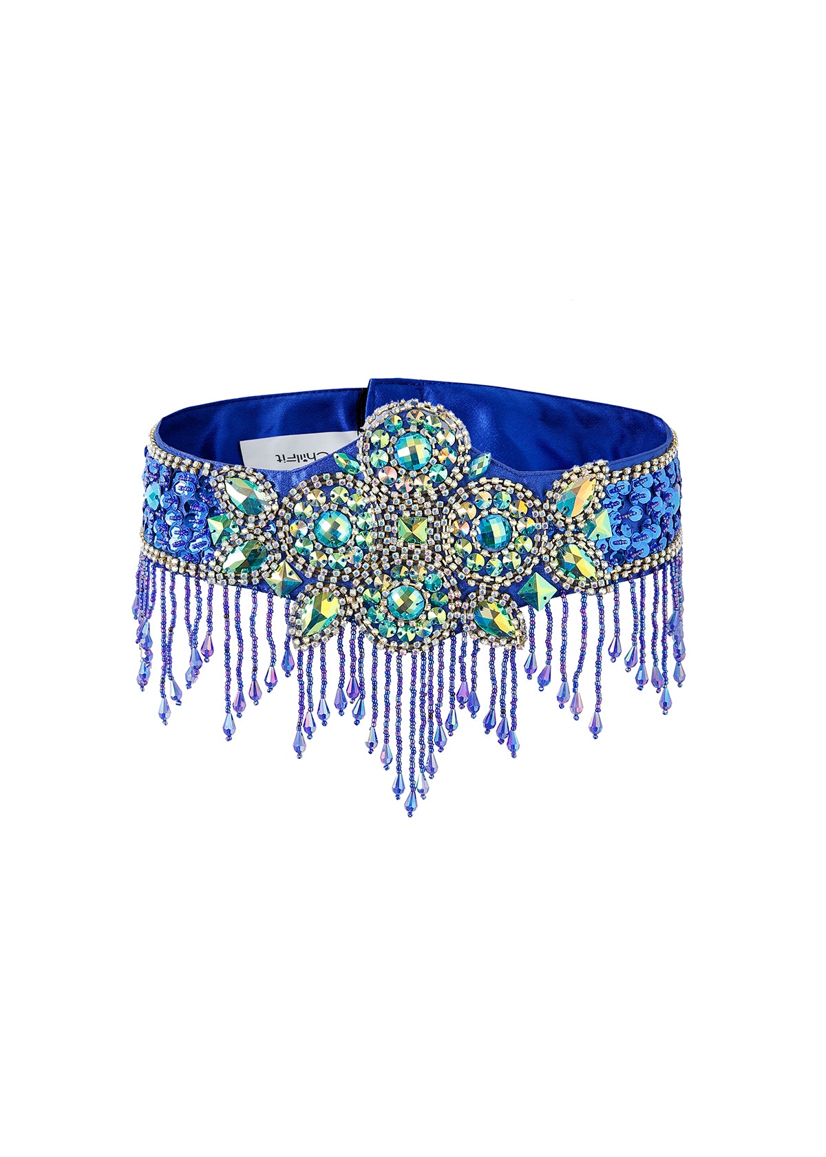 The Vixen - Royal Blue - Bottom features intricate beadwork, crystal accents, and beaded fringe—perfect for pairing with a rhinestone bra top to complete your festival or rave look. Shown on a plain white background.