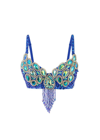 The Vixen - Royal Blue - Top features blue rhinestones, green and gold gemstones, sequins, and center beaded fringe—ideal for rave or festival outfits.