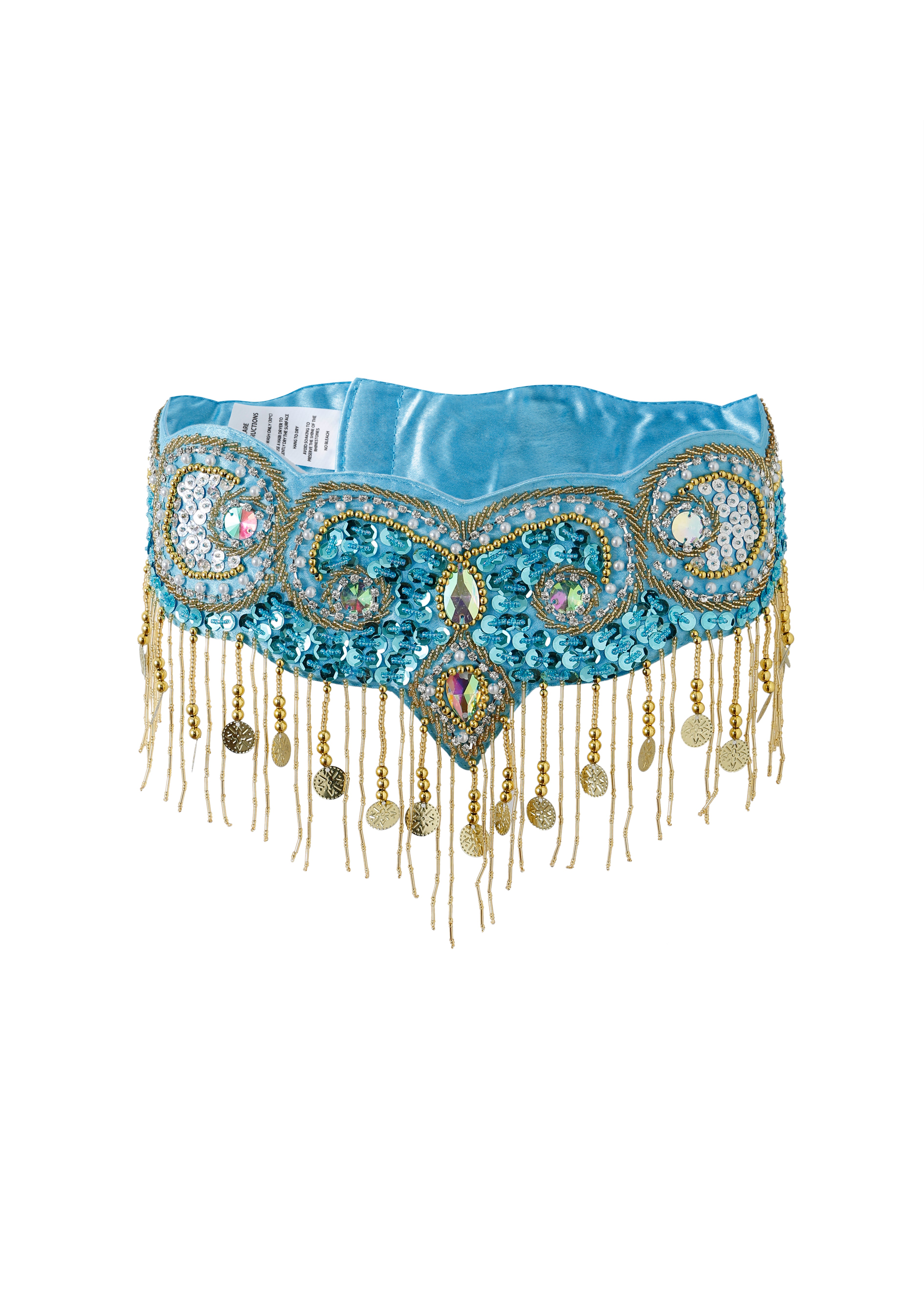 The Notics - Aqua - Bottom is a blue satin belly dance belt adorned with gold coins, beads, sequins, ornate embroidery, and hanging gold fringe—ideal for festivals or as dazzling rave wear.