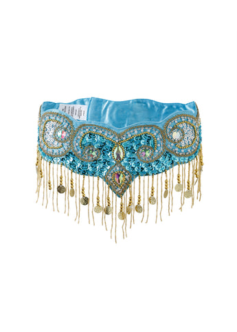 The Notics - Aqua - Bottom is a blue satin belly dance belt adorned with gold coins, beads, sequins, ornate embroidery, and hanging gold fringe—ideal for festivals or as dazzling rave wear.