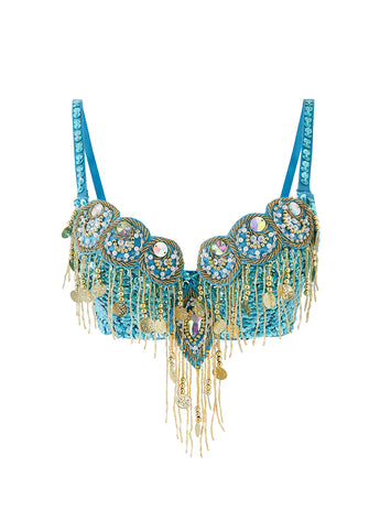 The Notics - Aqua - Top is a turquoise fringe bra with intricate beadwork, gold coins, and rhinestones, inspired by belly dance costumes—perfect for rave or festival wear.