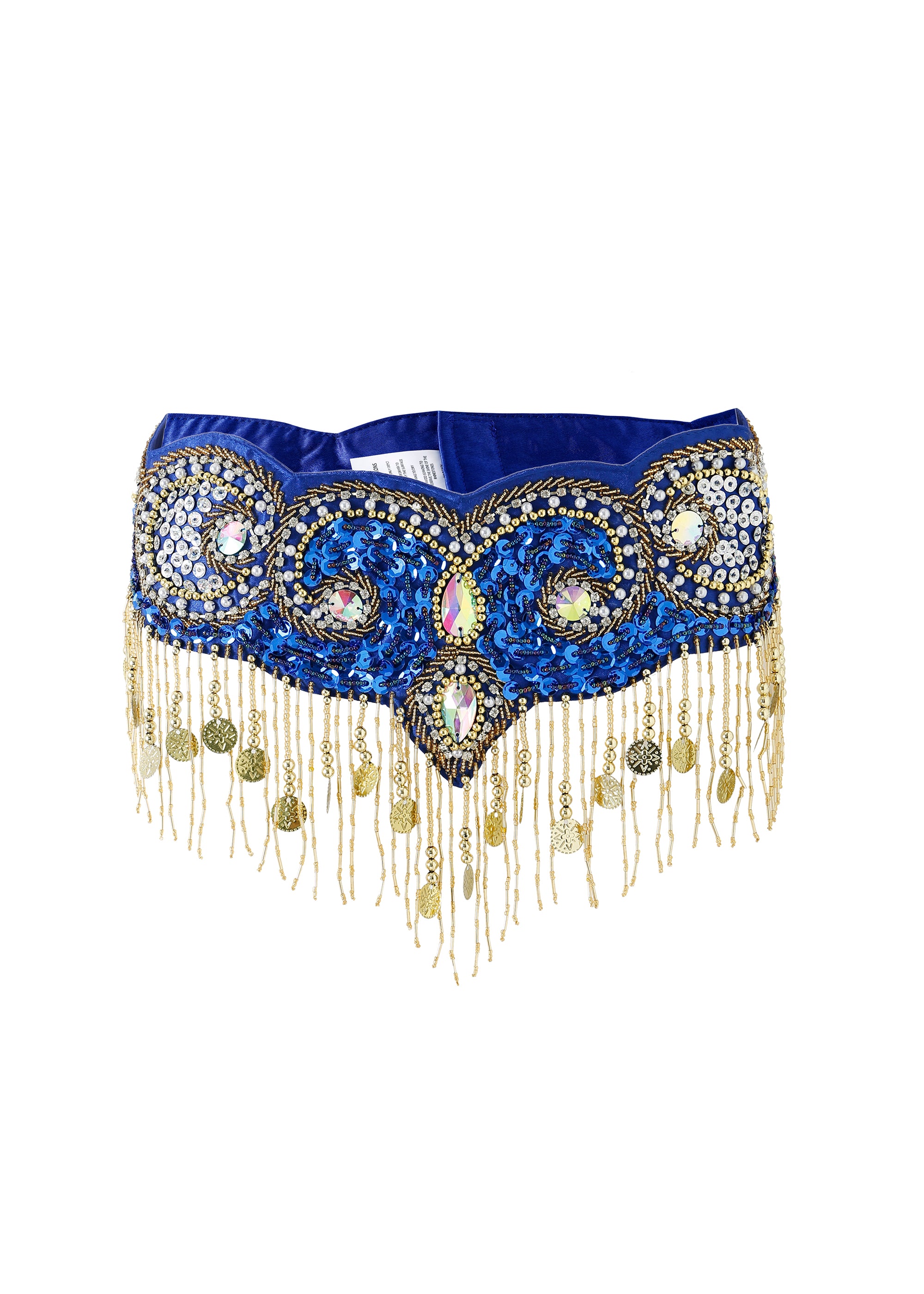 The Notics - Royal Blue - Bottom is a sequined belly dance hip scarf with gold coins, bead fringe, iridescent gems, and gold embroidery—ideal for completing your rave wear or festival look.