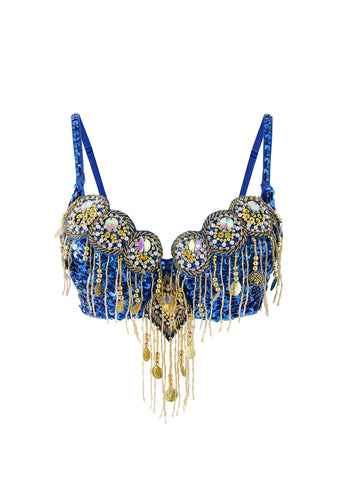 The Notics - Royal Blue - Top is a crystal-embellished bra with sequins, gold beads, rhinestones, and gold coin fringe—perfect to stand out at any rave or festival.