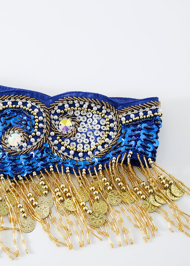 The Notics - Royal Blue - Bottom features blue sequins and beads with gold coin fringe, circular patterns, and shiny embellishments—ideal for rave wear or a sparkling festival outfit.