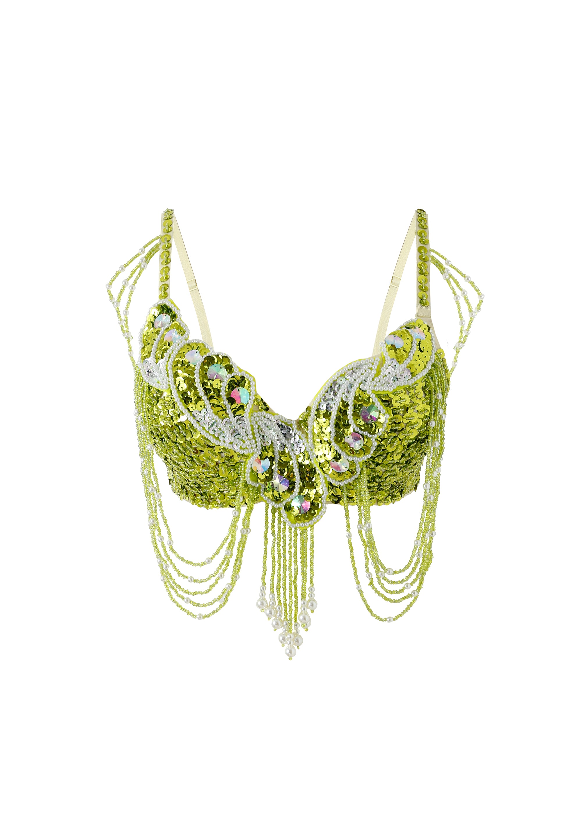The Venya - Lime Green - Top features green sequins, silver embellishments, and beaded draping chains, making it a bold choice for rave festivals. Shown on a white background.
