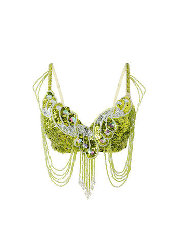 The Venya - Lime Green - Top features green sequins, silver embellishments, and beaded draping chains, making it a bold choice for rave festivals. Shown on a white background.
