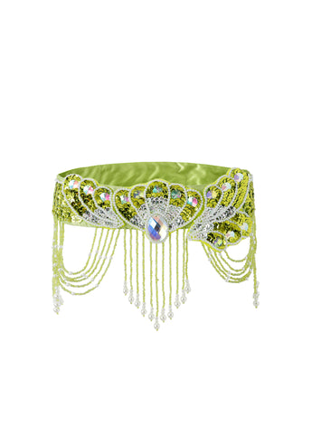 The Venya - Lime Green - Bottom is a green and silver decorative belt with sequins, beads, dangling bead strands, and a central gem on a satin band—ideal as handcrafted festival wear or to complete your rave festival outfit.