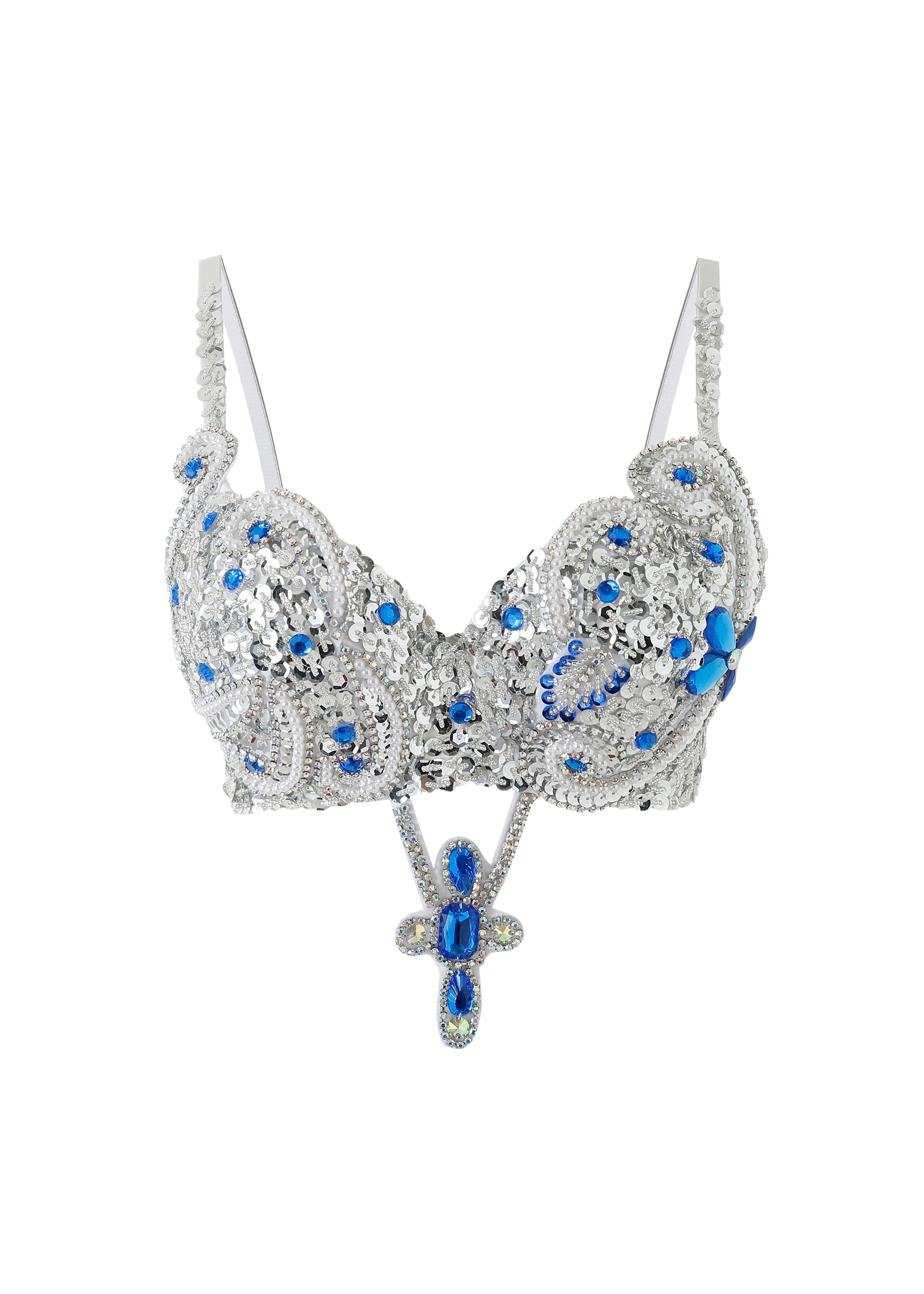 Imperya - Silver - Top embellished with blue gems, sequins, and decorative beadwork, featuring a large blue gemstone pendant—perfect for standout rave festival style.