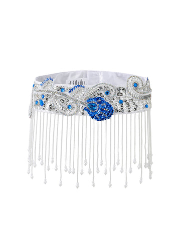 The Imperya - Silver - Bottom is a white belt with silver and blue bead embroidery, hanging beaded fringe, and a central blue floral pattern—an ideal accessory to pair with an embellished bra top for standout rave festival wear from ChillFit Rave.