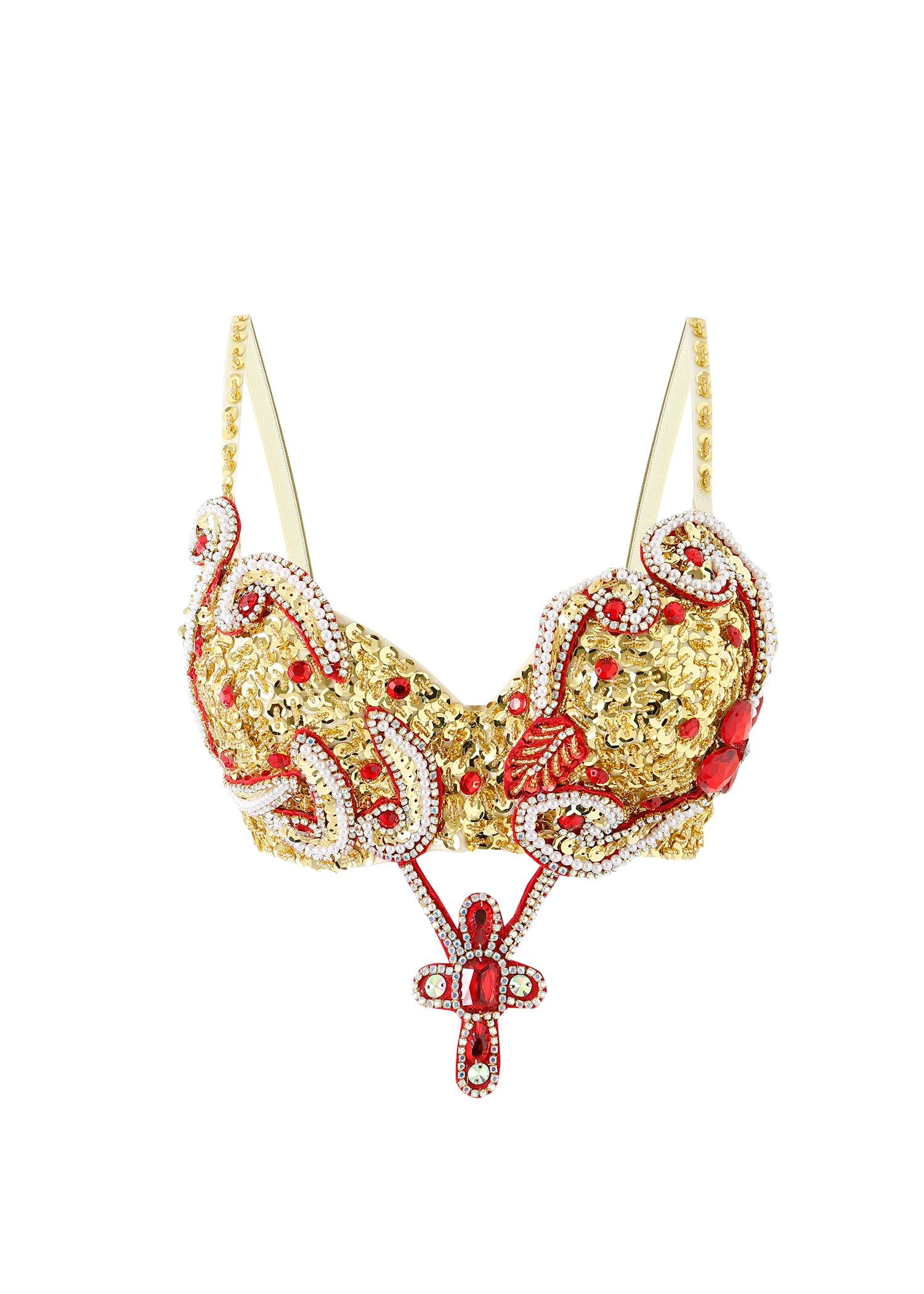The Imperya - Gold - Top is a gold and red jeweled bra with ornate beadwork, a central cross-shaped pendant, and intricate patterns—ideal for bold festival wear or as a standout rave outfit.