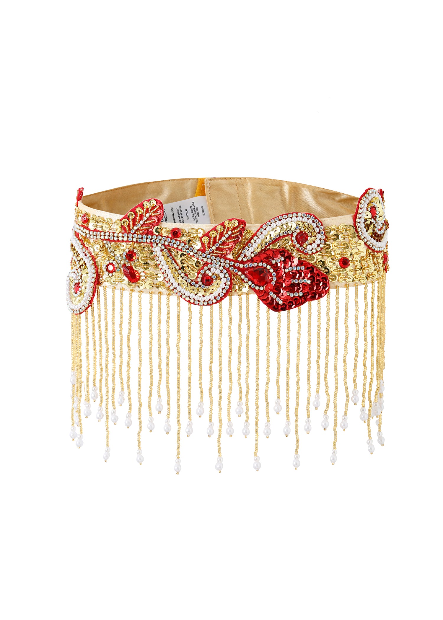 The Imperya - Gold - Bottom features gold embroidery, red and white beads, intricate patterns, and beaded fringe—ideal for rave or festival wear and a standout addition to any Coachella outfit.