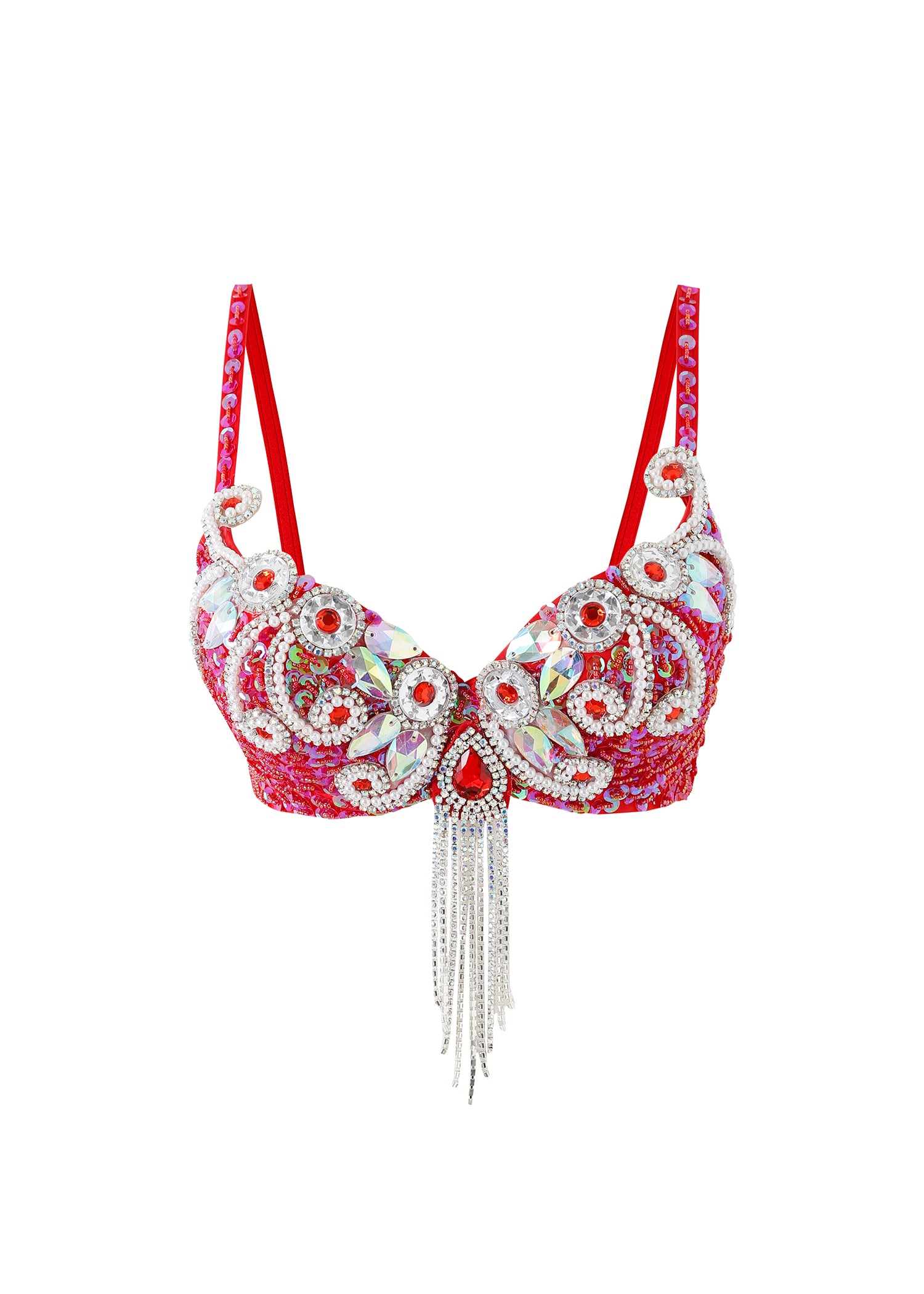 The Lustre - Red - Top features rhinestones, sequins, beads, iridescent gems, and crystal fringe at the center front—ideal for festivals or making a statement at any rave.