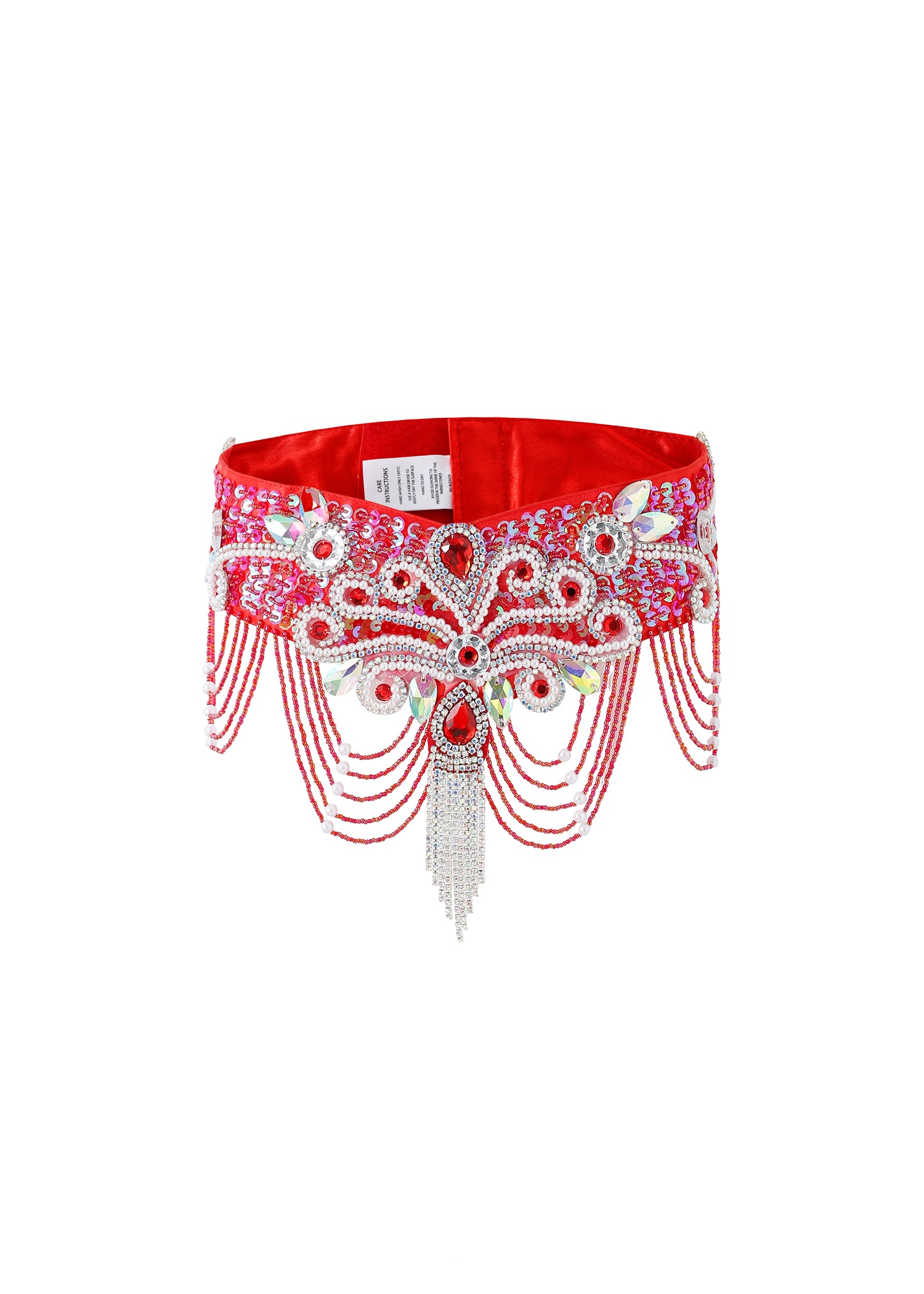 Lustre - Red - Bottom: A red velvet choker with silver and red rhinestones, sequins, and hanging bead strands—ideal for rave festival wear or a bold Coachella look. Shown on a white background.