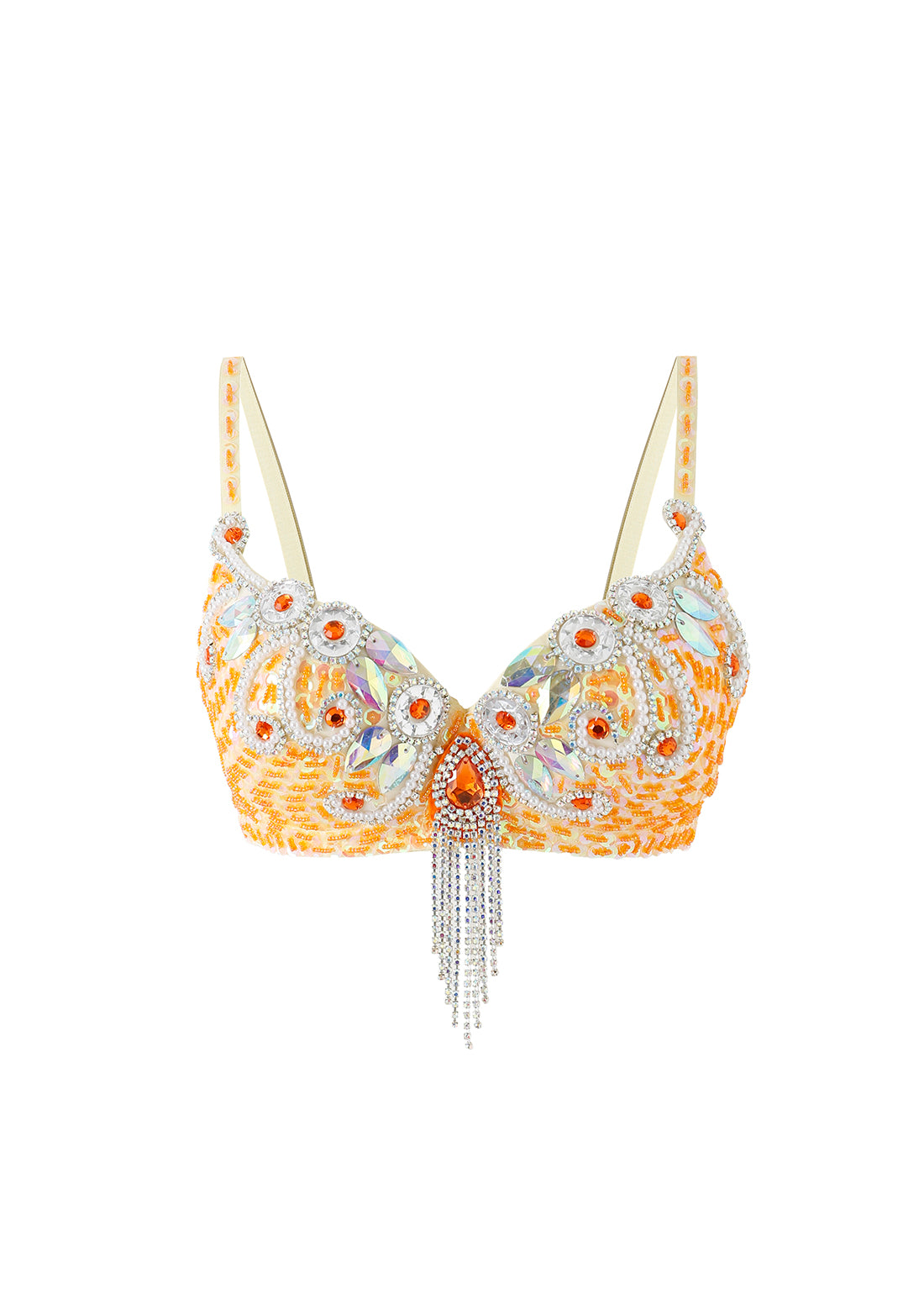 The Lustre - Coral - Top is an ornate orange and white bra top with sequins, beads, gemstones, crystal embroidery, and silver fringe—ideal for rave festivals or dazzling performances.