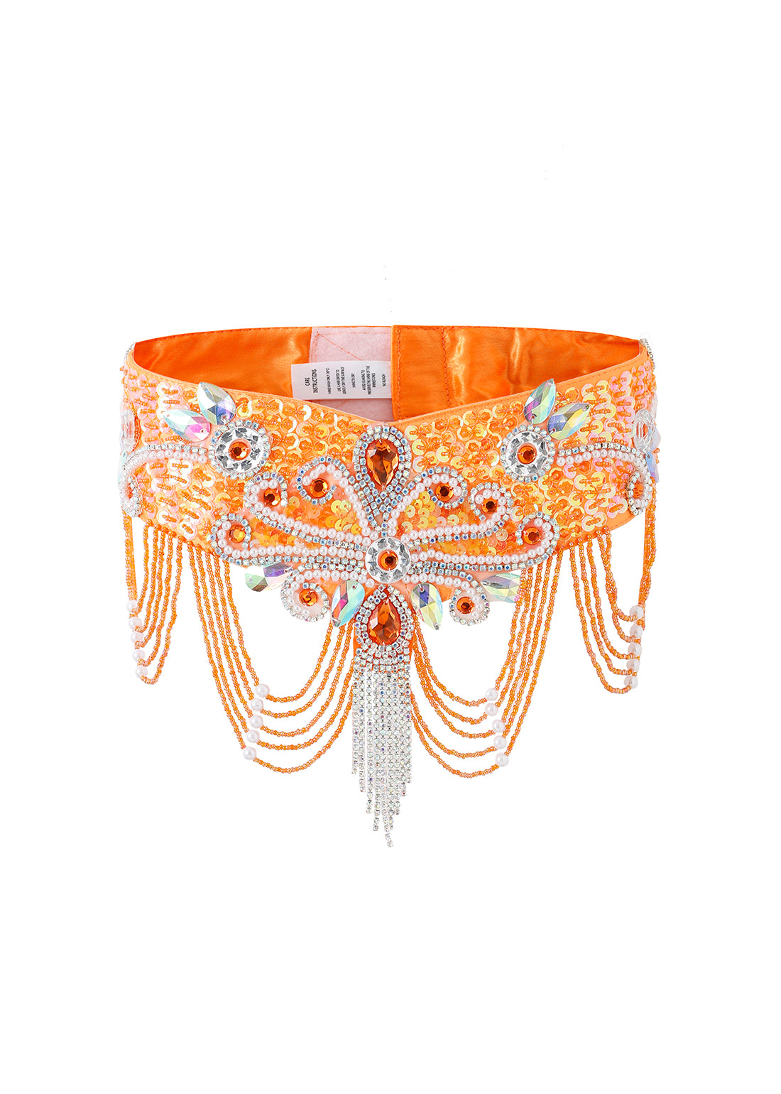 The Lustre - Coral - Bottom features intricate beadwork, rhinestones, and beaded chains over shiny orange fabric—ideal for pairing with a rhinestone bra top for standout handcrafted festival or rave wear.