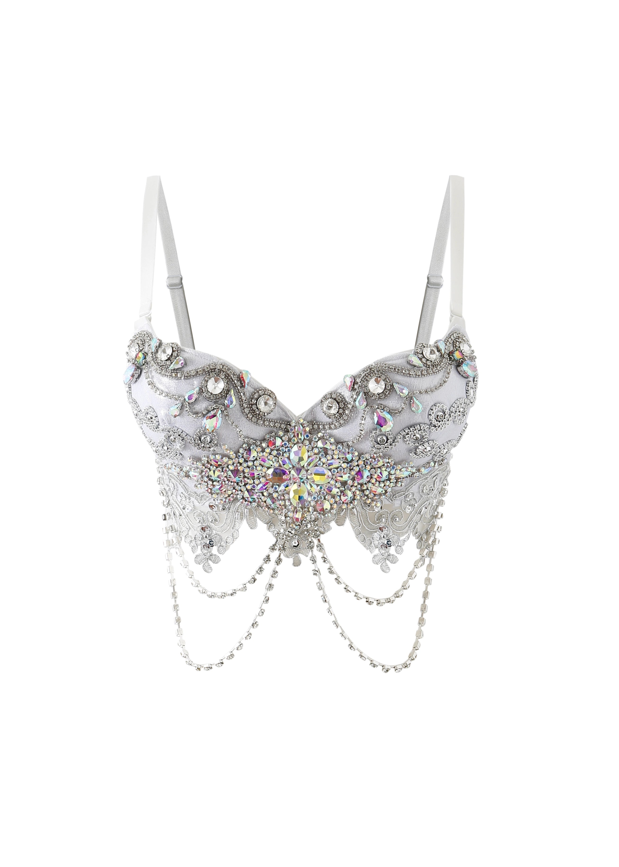The Serapha - White - Top is a handmade white rhinestone bra accented with silver sequins and beaded chains, showcasing intricate decorative cup patterns—ideal as a statement rave bra or unique festival wear.