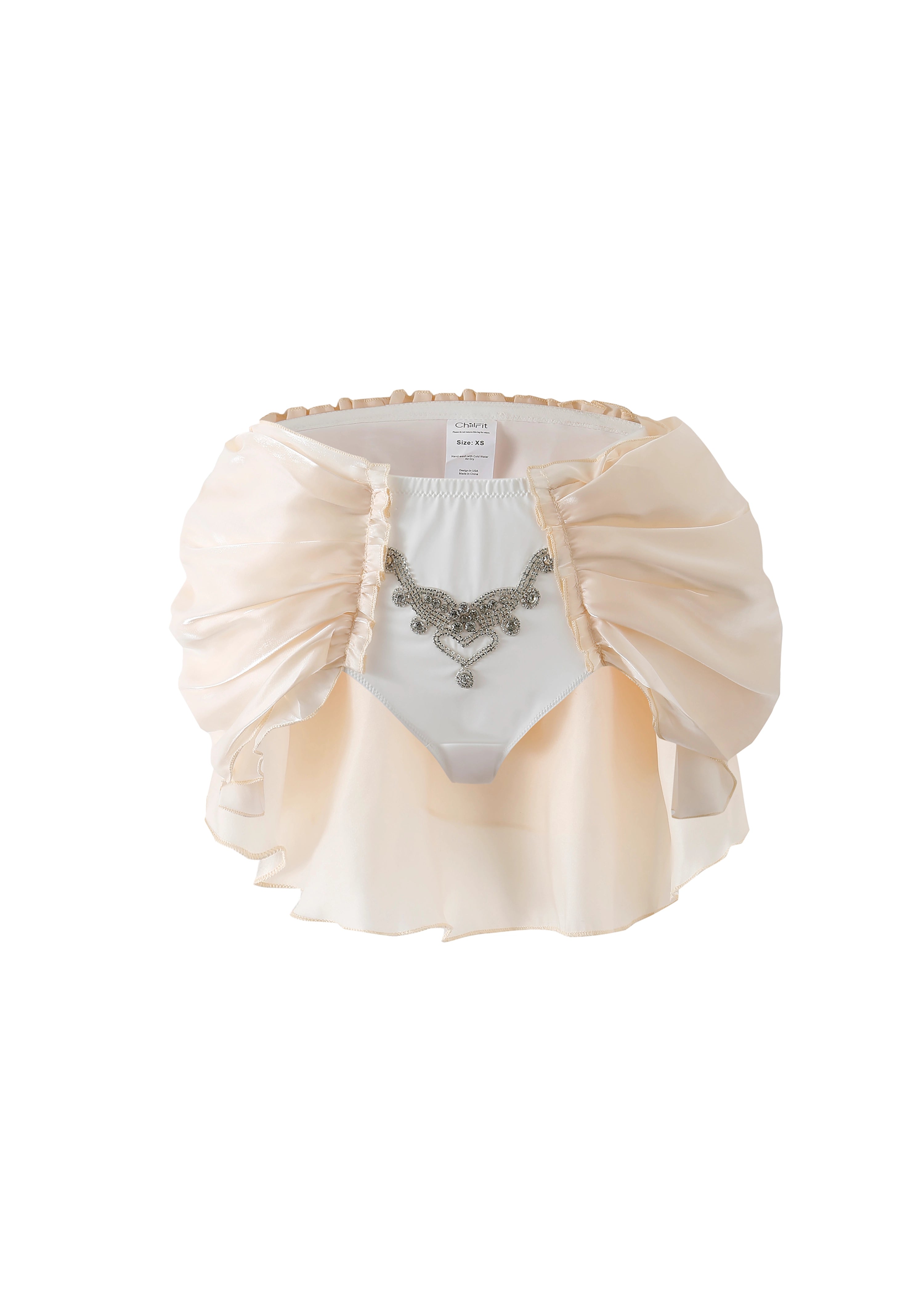 Elvee - White - Bottom: A cream ruffled satin mini skirt with draped sides, a white central panel, and a silver front embellishment—ideal for rave festival outfits.