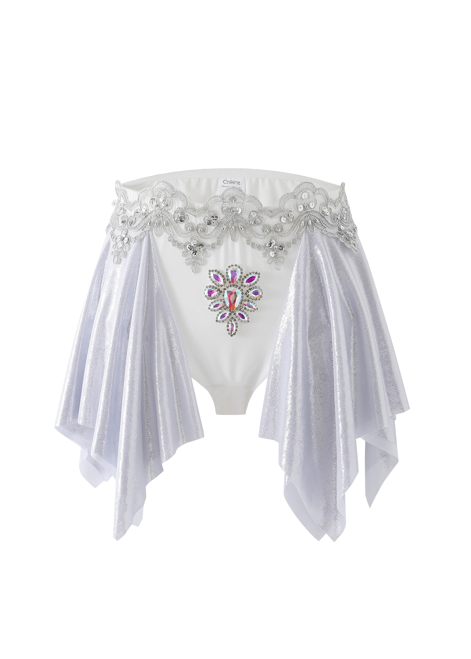The Serapha - White - Bottom is a high-waisted festival bikini bottom with silver embroidery, jeweled front accents, and sheer draped side panels—perfect for unique handmade rave wear or a dazzling rhinestone festival look.