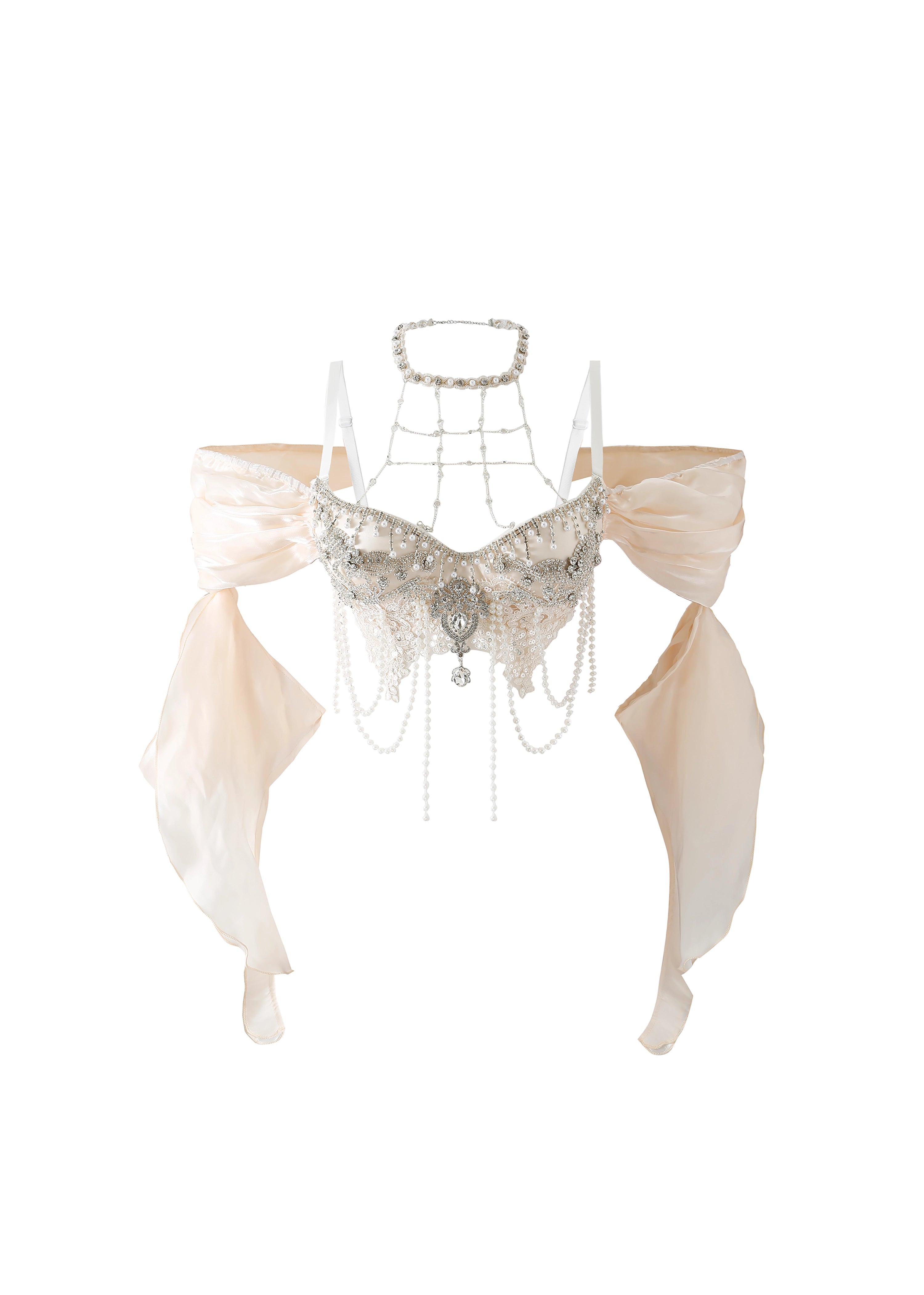 Elvee - White - Top: A handmade festival corset bra embellished with pearls, crystals, rhinestones, sheer light beige draping, and a beaded choker-style neckline—an eye-catching rave wear piece shown on a white background.
