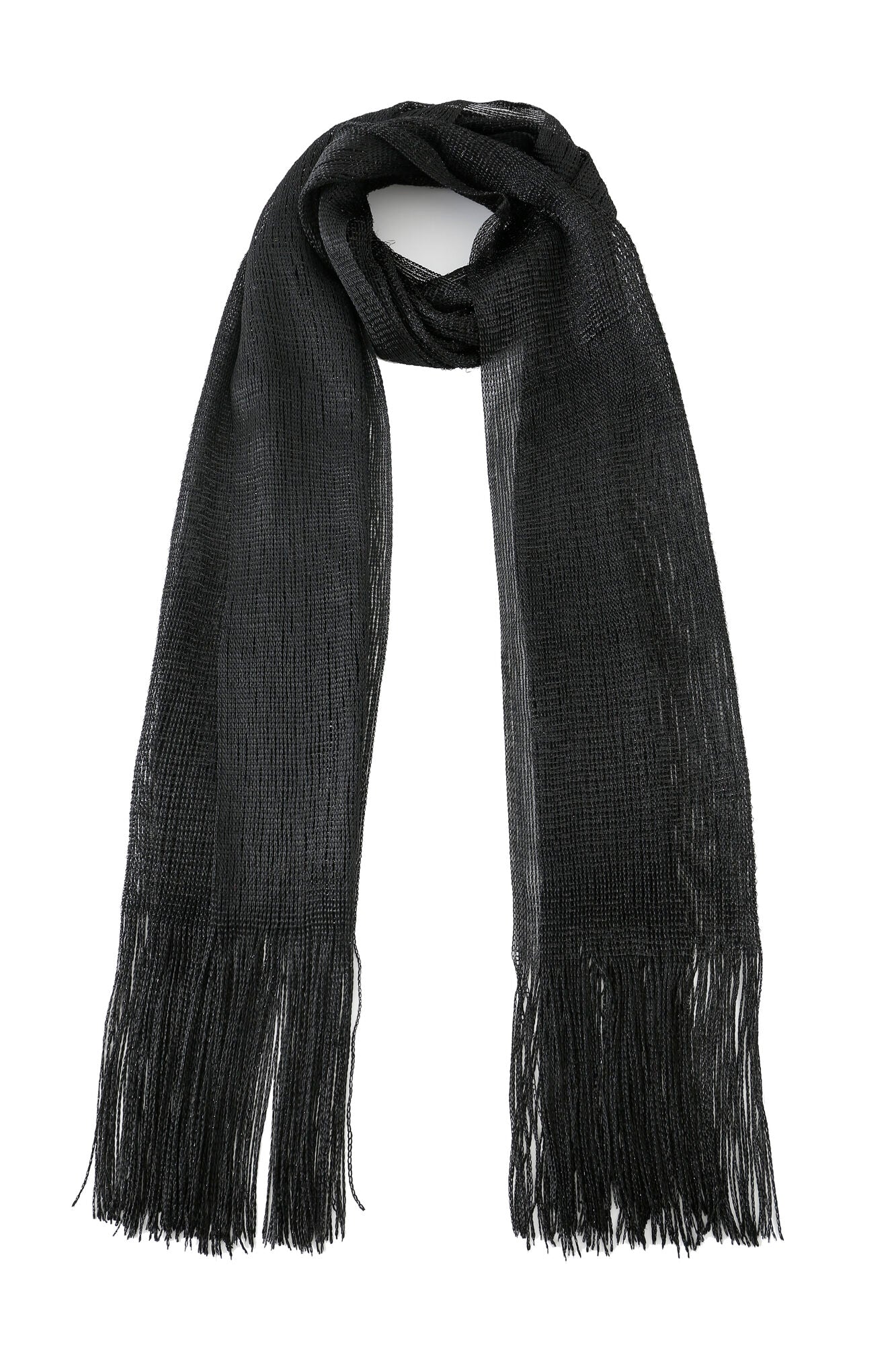 The Pashmina - Black Sheer Fringe scarf features a subtle sheen and fringed ends, displayed flat on a white background.