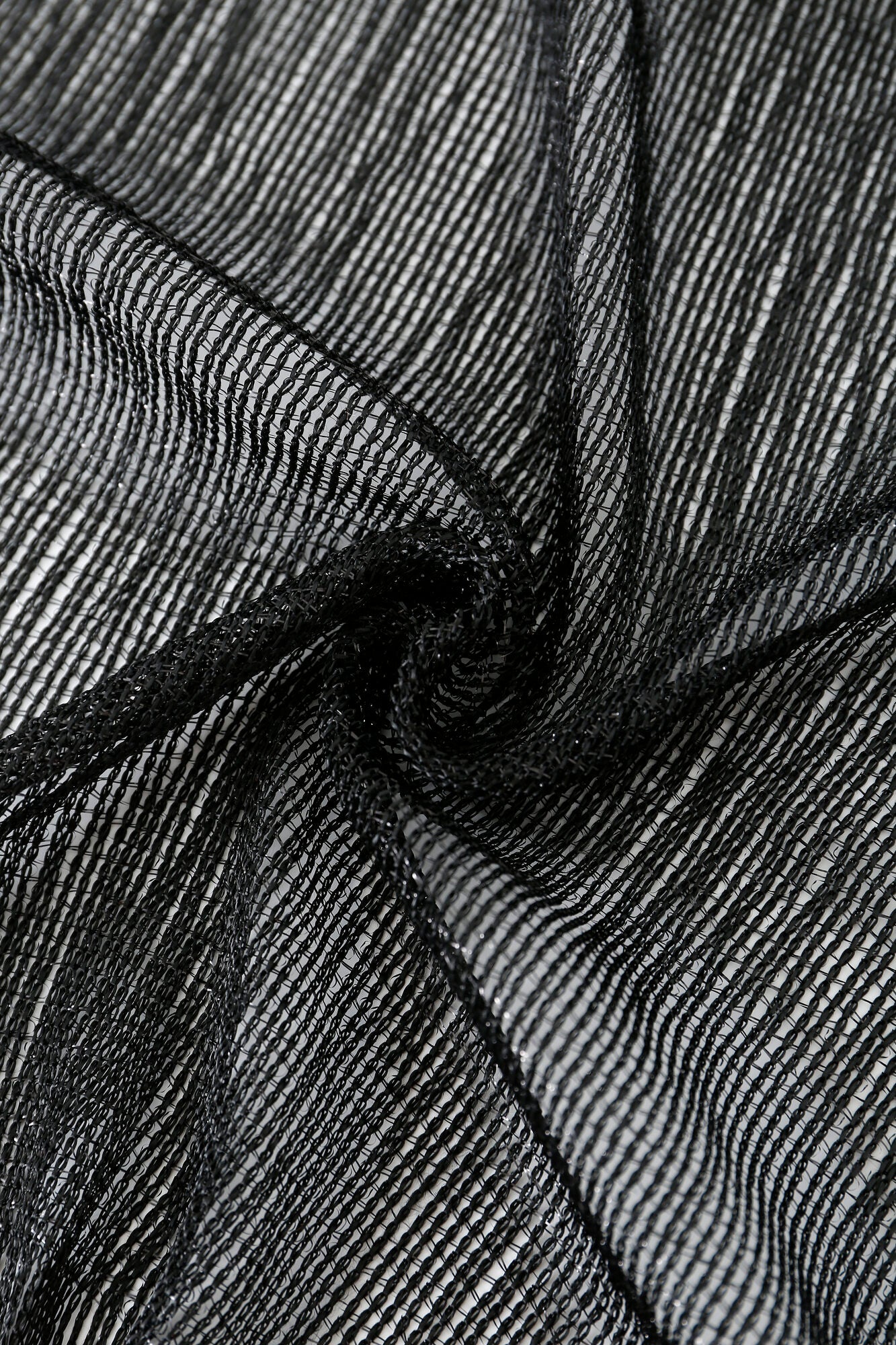 The Pashmina - Black Sheer Fringe features ribbed black mesh fabric, artfully gathered at the center.