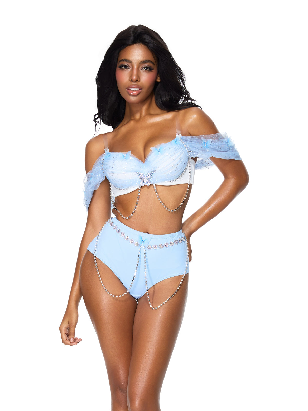 A woman poses in the Dream from the Sky - Full Set - White Blue, featuring jeweled embellishments and sheer off-the-shoulder sleeves against a white background, showcasing the perfect handmade rave wear for your next festival outfit.