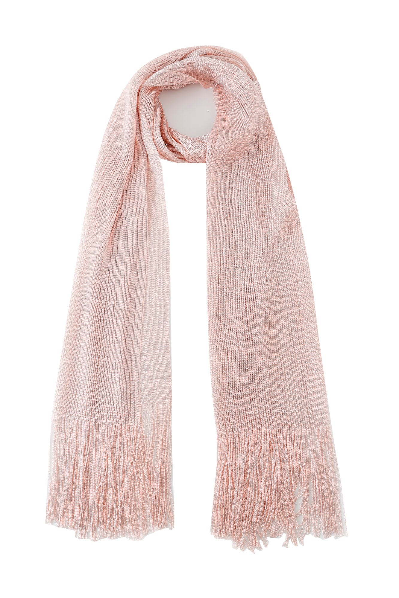 The Pashmina - Blush Sheer Fringe is a light pink knitted scarf with fringed ends, shown on a white background.