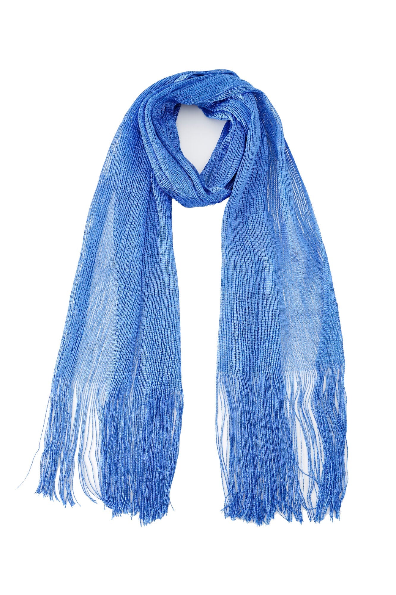 The Pashmina - Cobalt Solid Fringe is a long, lightweight blue scarf with a sheer texture and fringed ends, displayed against a white background.