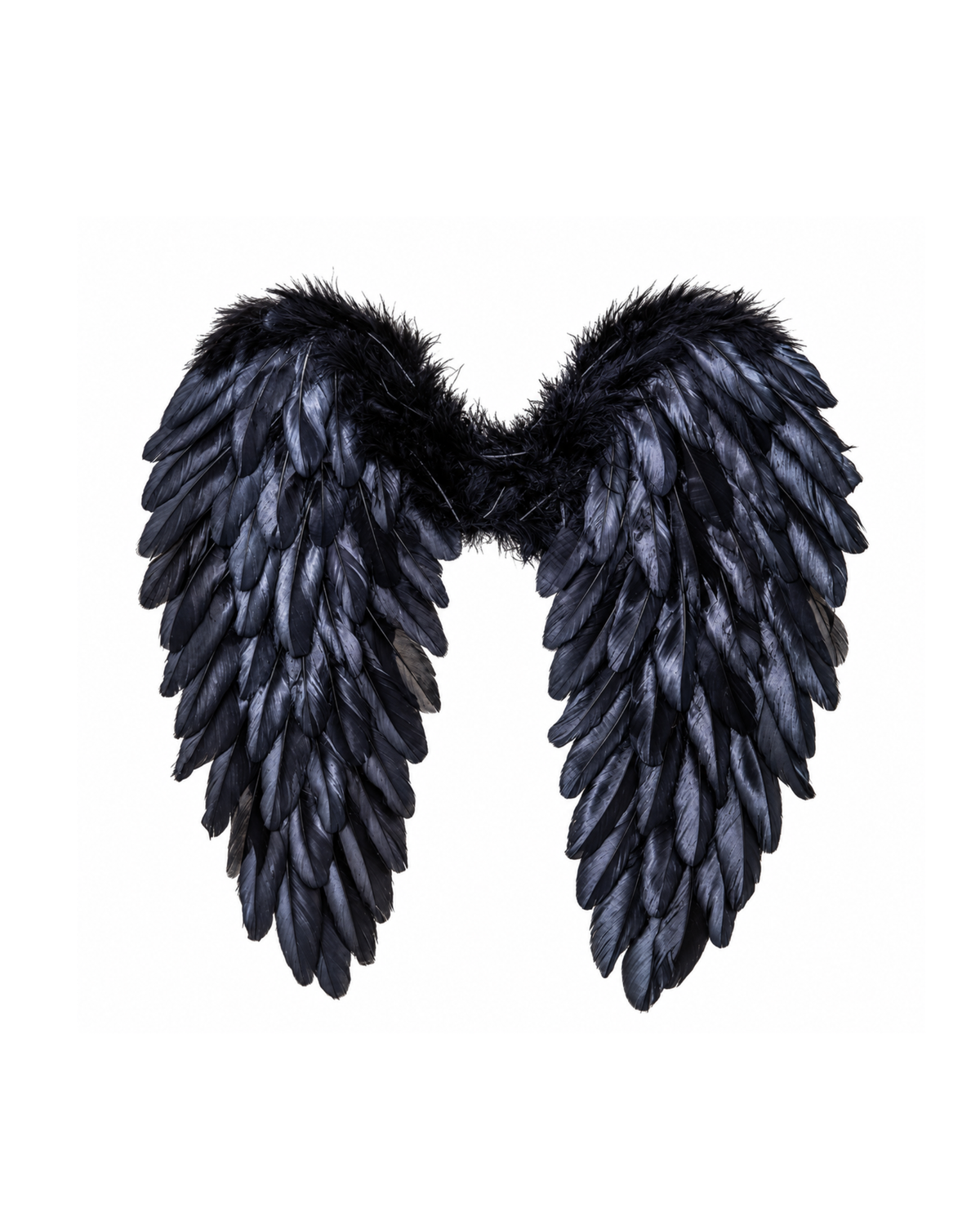 Presenting the Devil Wings- Black: large, black feathered wings set against a white background with detailed texture and lifelike realism—ideal as dark angel wings or an elegant accessory for your black feather wings Halloween costume.