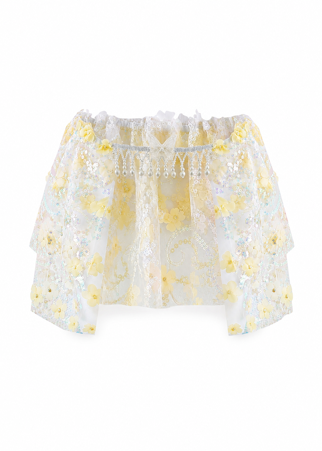Yellow Floral Sequin-Mini Skirt adorned with yellow floral embroidery, shimmering sequins, and delicate scalloped edges—a captivating festival statement piece—displayed on a plain white background.